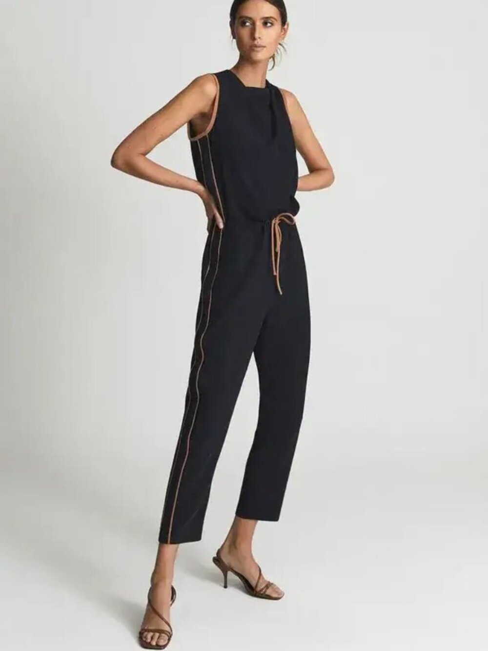 Reiss Navy Sleeveless Jumpsuit with Tan Side Stripe Size 6 NWT